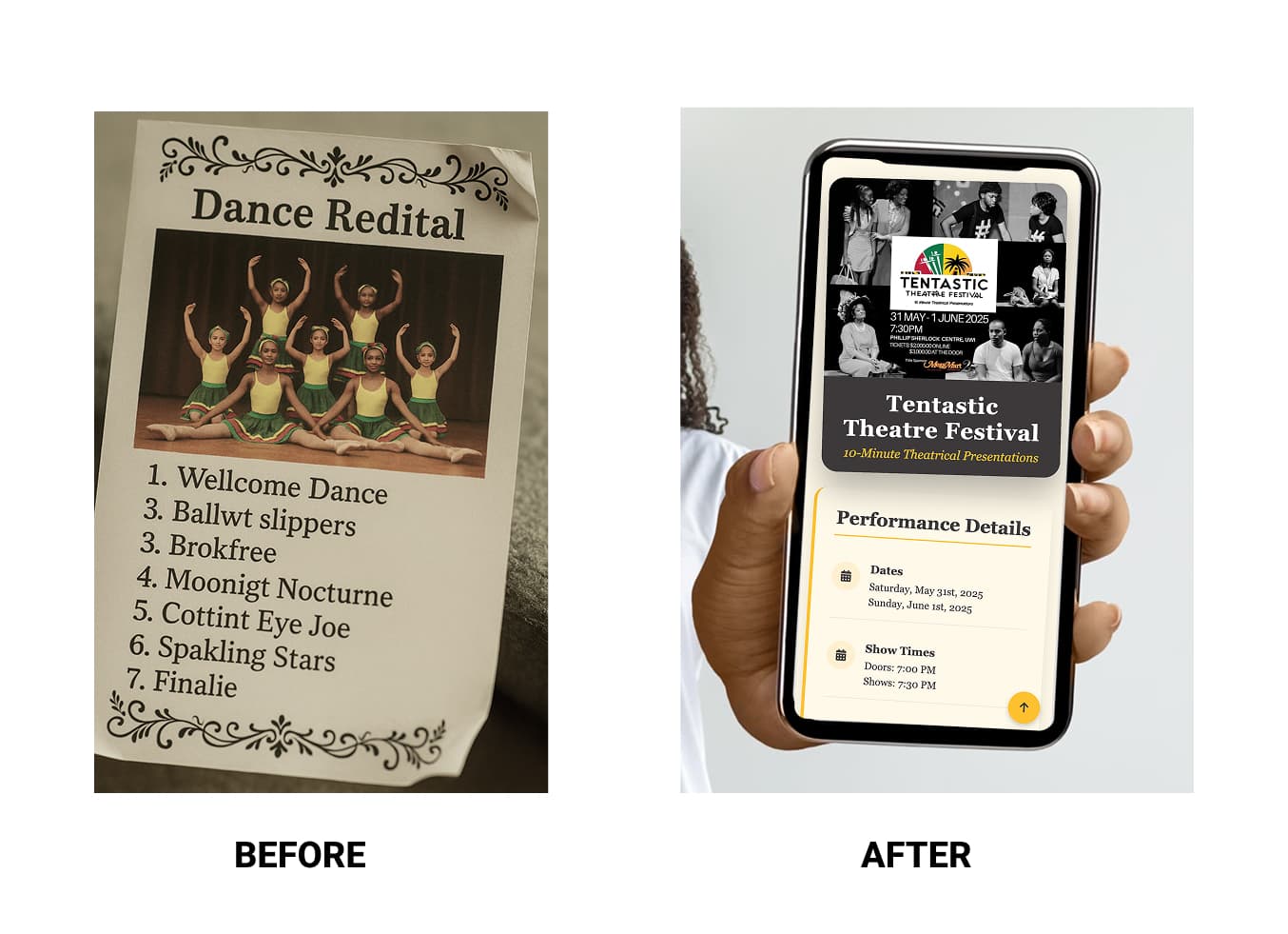 Before: Basic printed program vs After: Professional digital programme on mobile